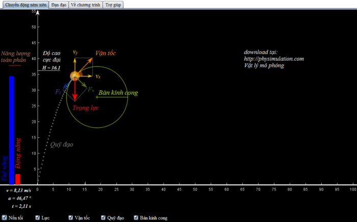 Phần mềm mô phỏng "Chuyển động ném xiên"